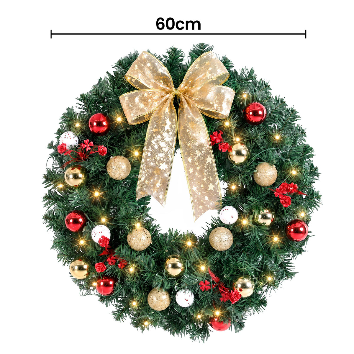 Pre-lit 60cm Christmas wreath with gold bow, red and gold ornaments, warm white LEDs