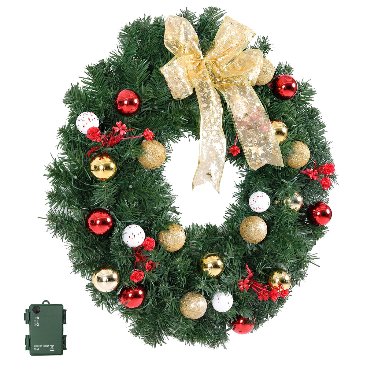 Pre-lit Christmas wreath with gold ribbon bow and mixed baubles, warm white LED lights