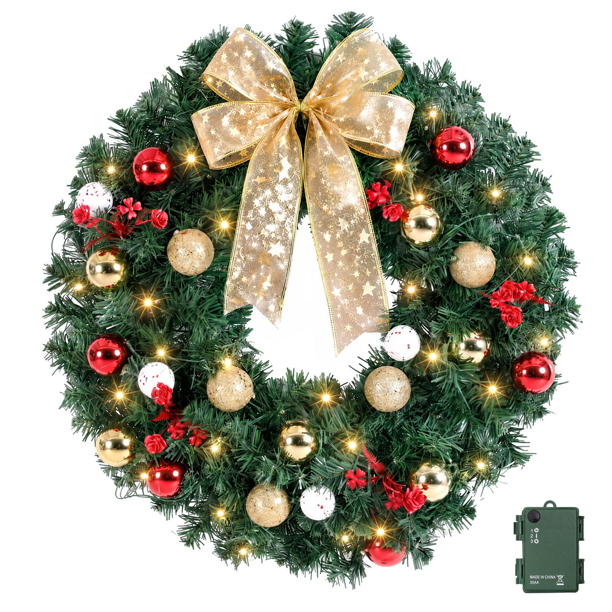 Pre-lit Christmas wreath with gold bow, red flowers, gold and white baubles, warm LEDs