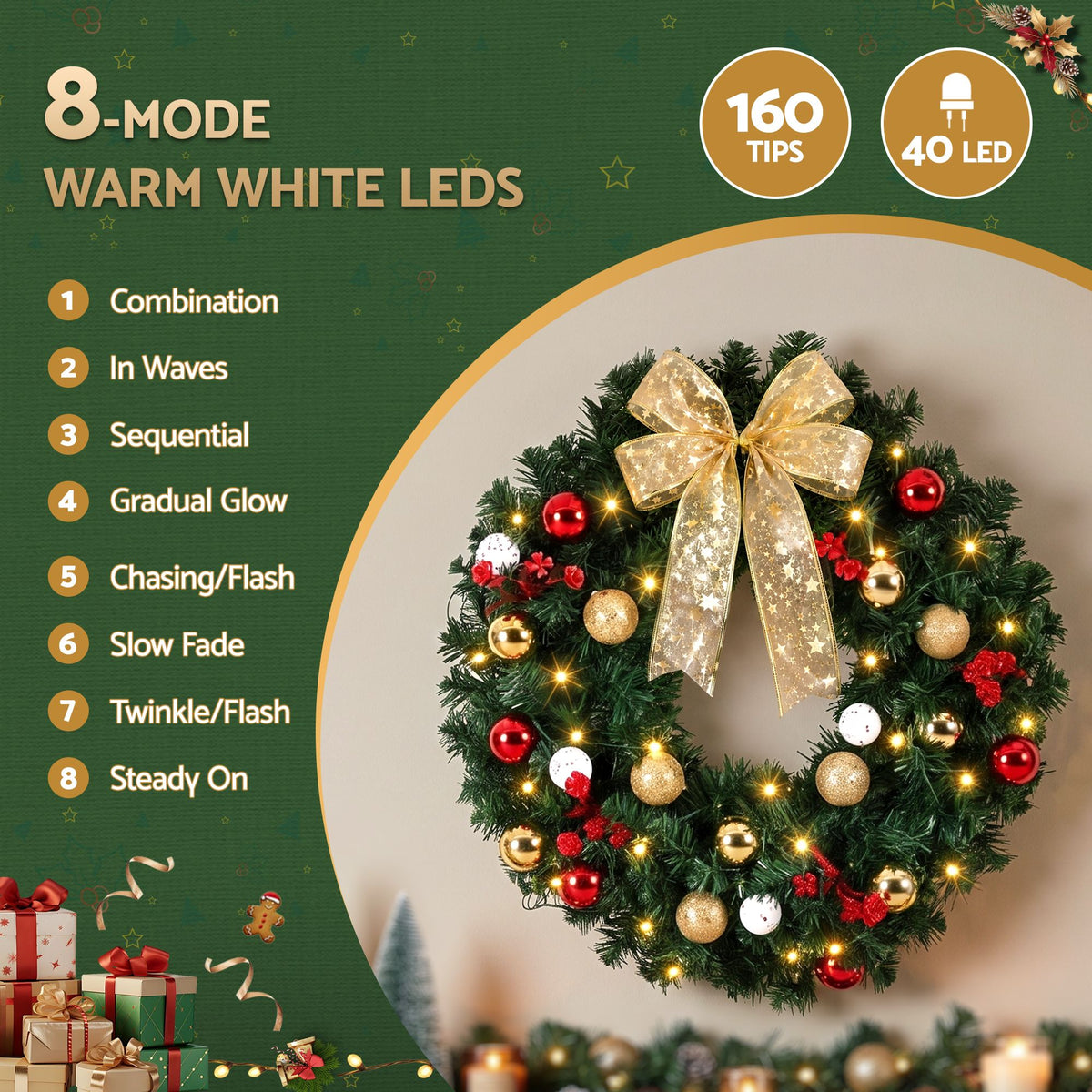 Pre-lit Christmas wreath with gold bow and mixed baubles, warm white LED glow
