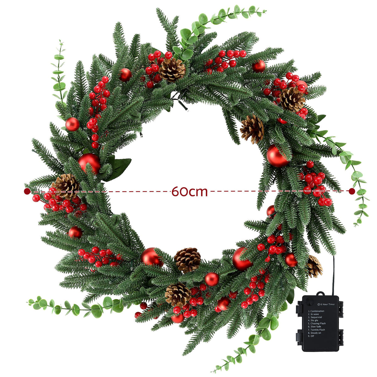 60cm pre-lit Christmas wreath with pinecones, red berries, and warm LED lights