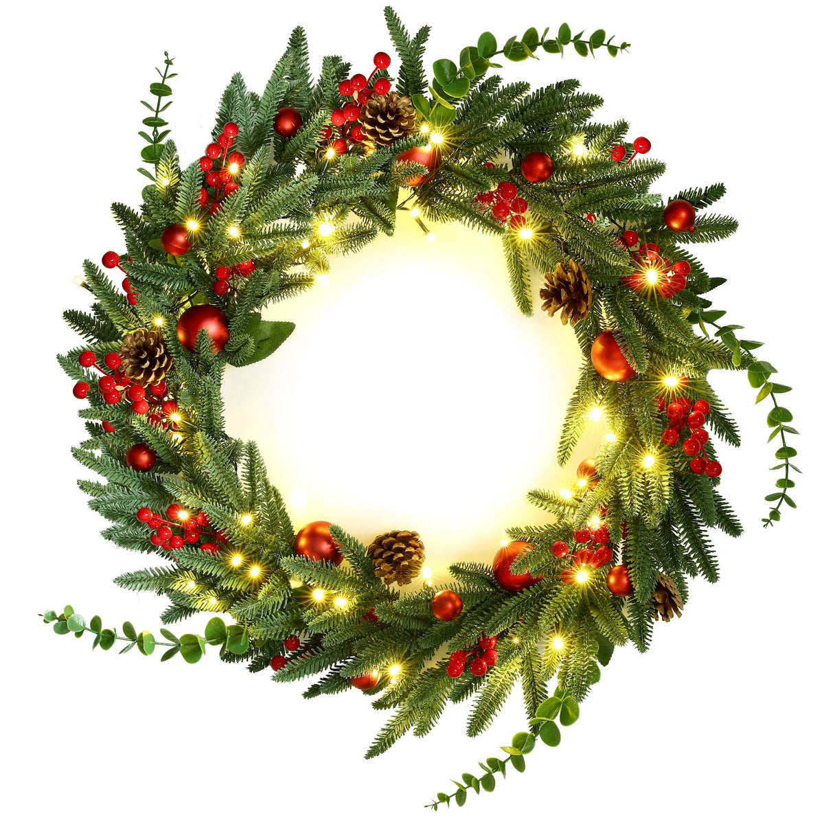 Pre-lit circular Christmas wreath with pinecones, red ornaments, and warm LED glow