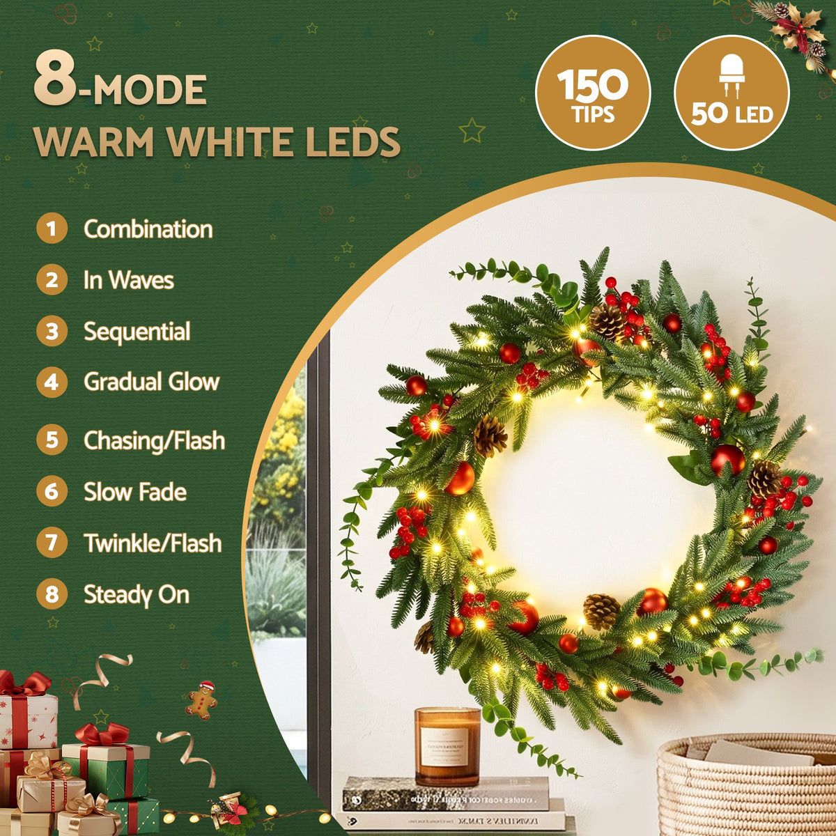 Pre-lit Christmas wreath with pine needles, red berries, pinecones, and warm white LED lights
