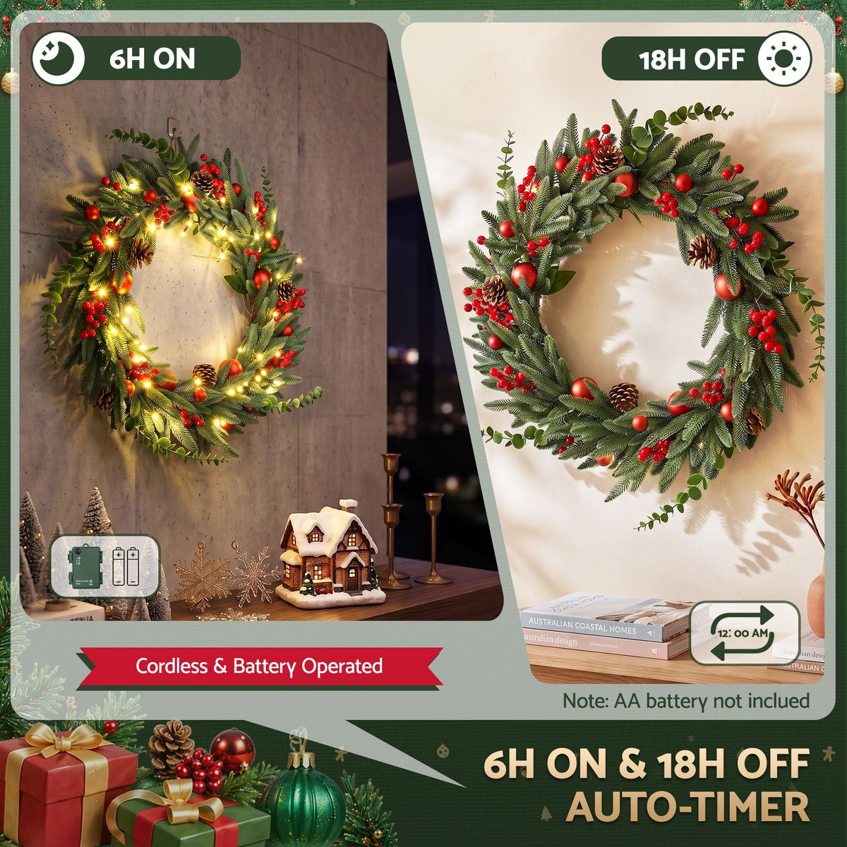 Pre-lit Christmas wreath with pinecones and red berries, warm LED lights with battery pack