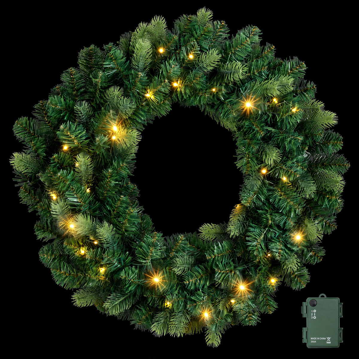 Pre-lit Christmas wreath with green pine tips and warm white glowing LED lights