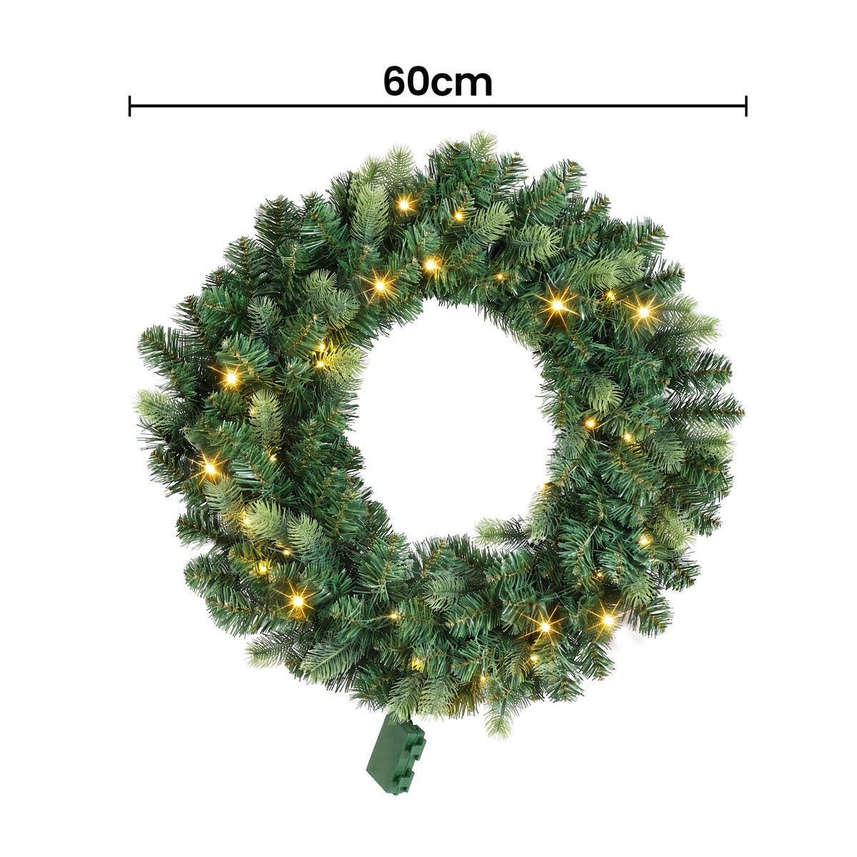 60cm pre-lit Christmas wreath, green pine tips with warm white LED lights and plug