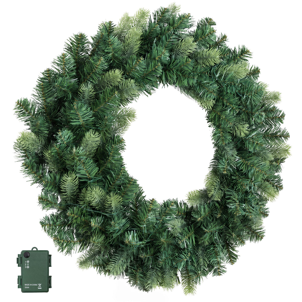 Pre-lit Christmas wreath with dense green pine tips and warm white LED lights, plug visible