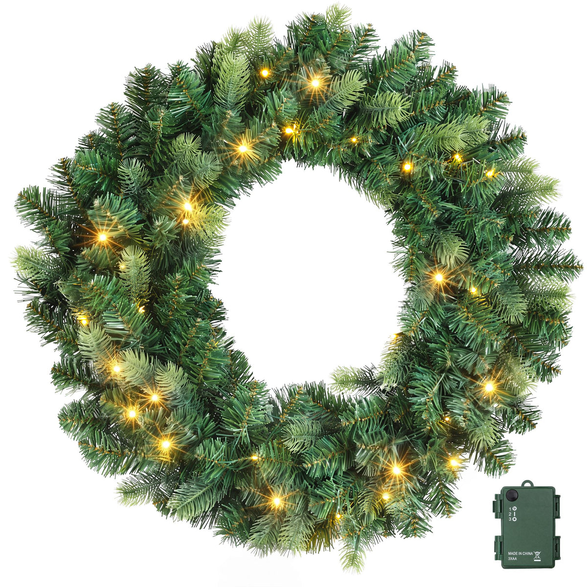 Pre-lit Christmas wreath with green pine tips and warm white LED lights, plug visible