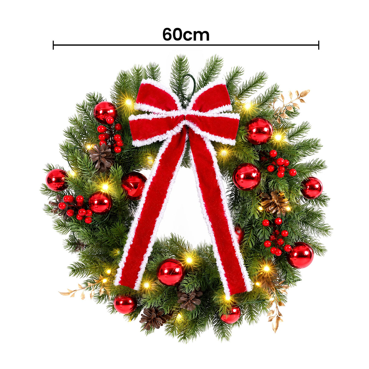 Pre-lit Christmas wreath with large red-and-white bow, red ornaments, warm LED lights