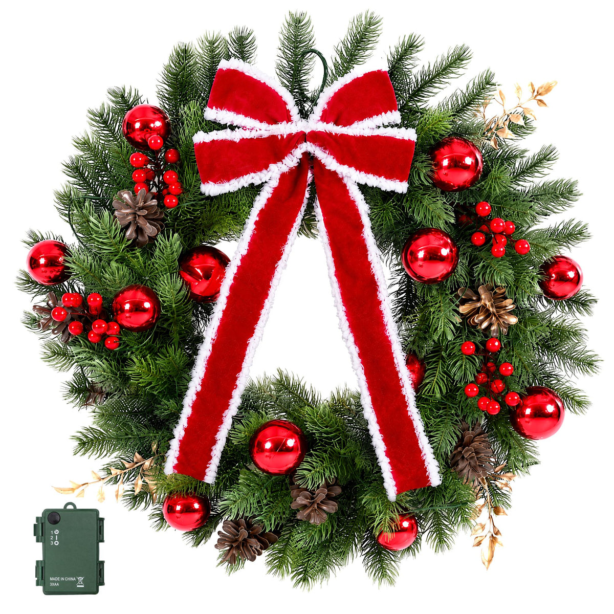 Pre-lit Christmas wreath with red ribbon bow, red baubles, pinecones, warm LED lights