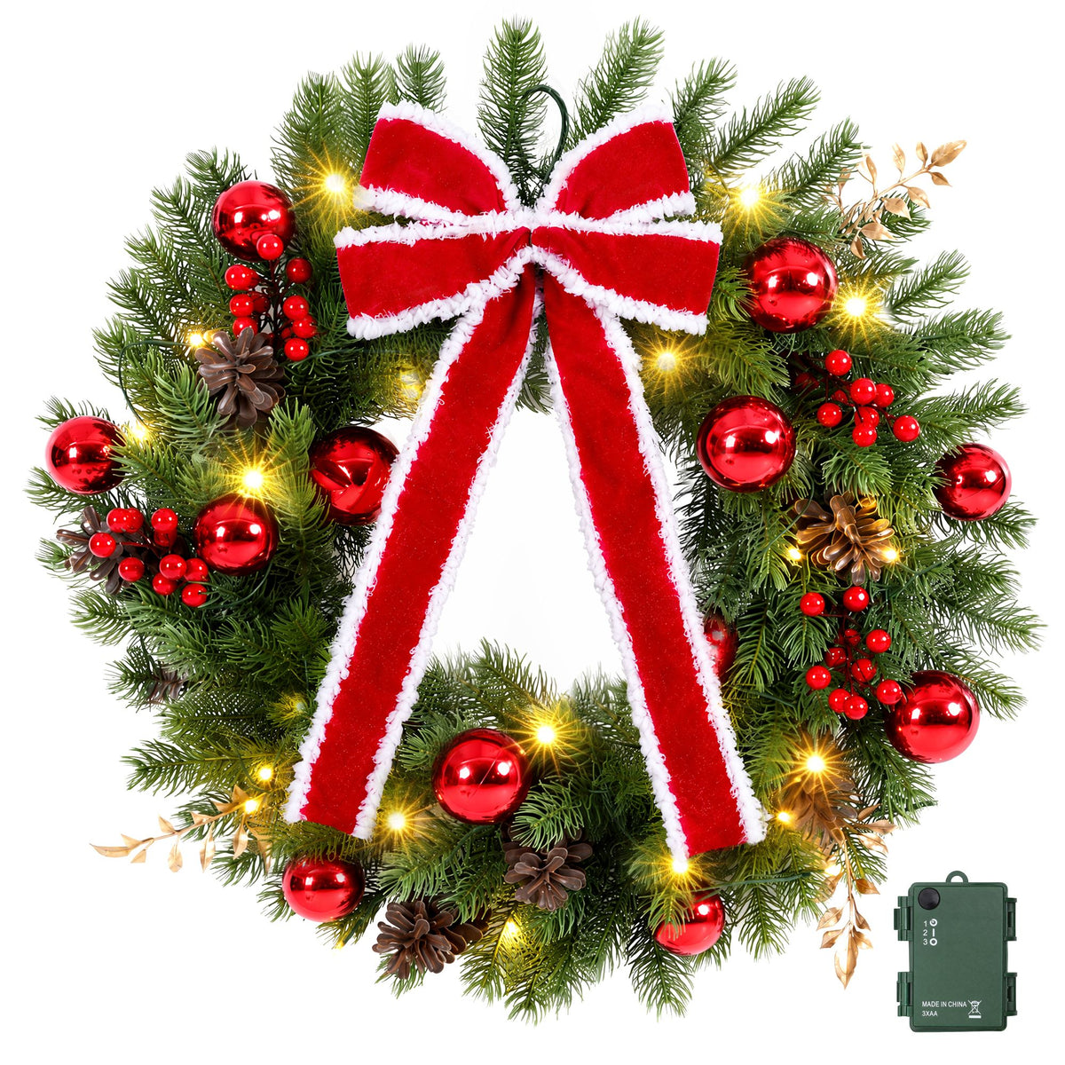 Pre-lit Christmas wreath with red ribbon bow, red baubles, pinecones, warm LED glow