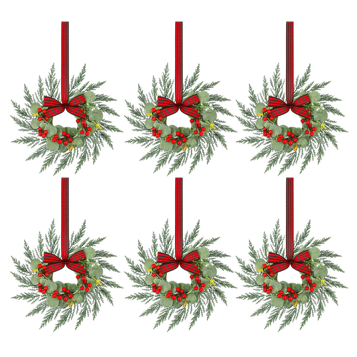 Set of 6 mini Christmas wreaths with red plaid bows and red berry clusters