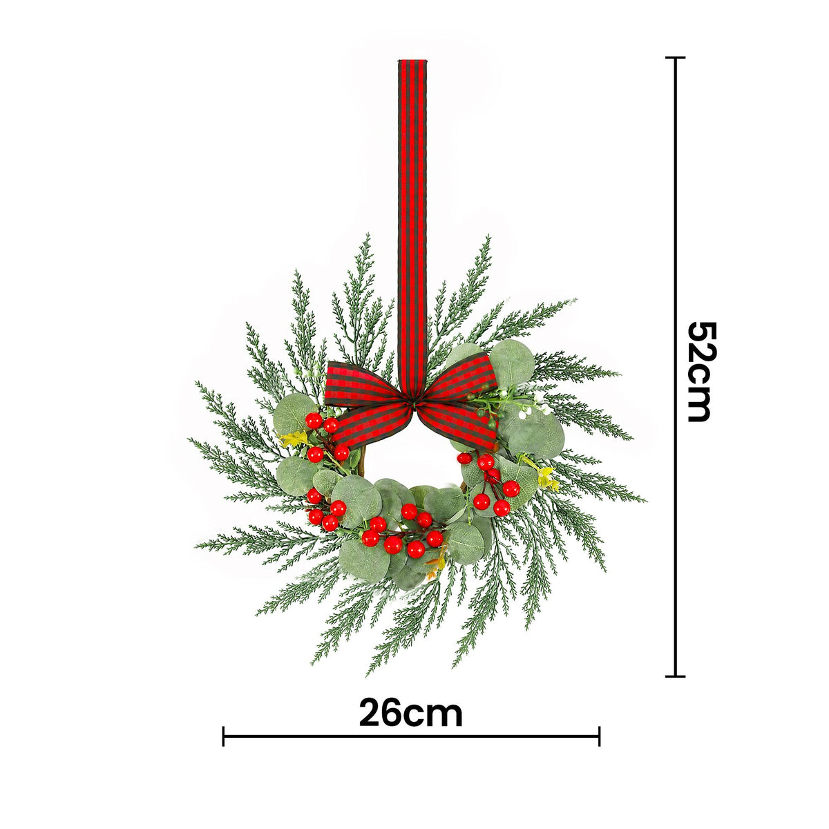 Mini Christmas wreath with red and black plaid bow, red berries, and green foliage