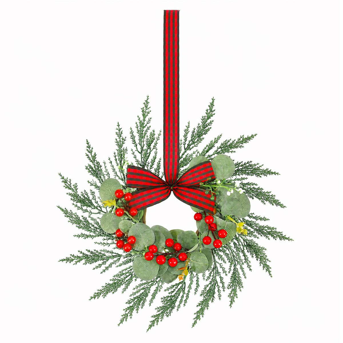 Mini wreath with red-black plaid ribbon bow and red berry decorations on greenery