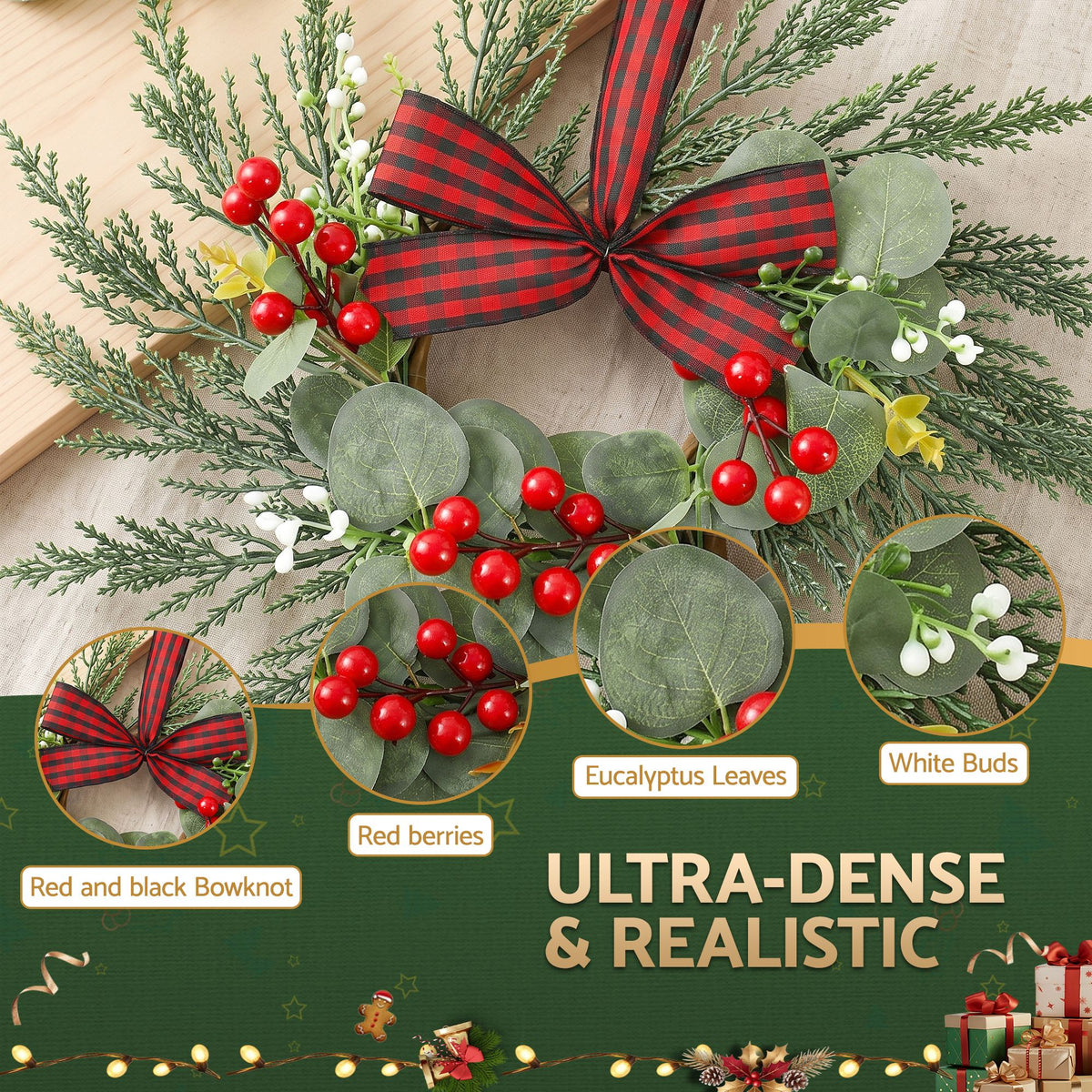 Mini Christmas wreath with red berries, eucalyptus leaves, and red plaid bow