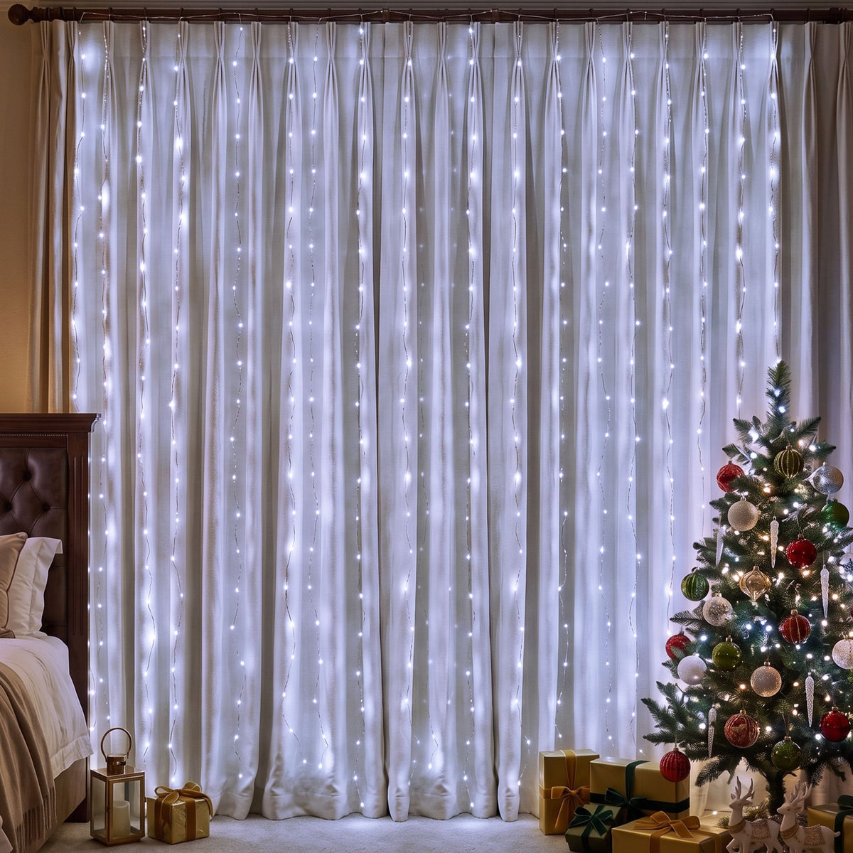 Cool white LED Christmas light curtain with hanging vertical strands, 300 lights