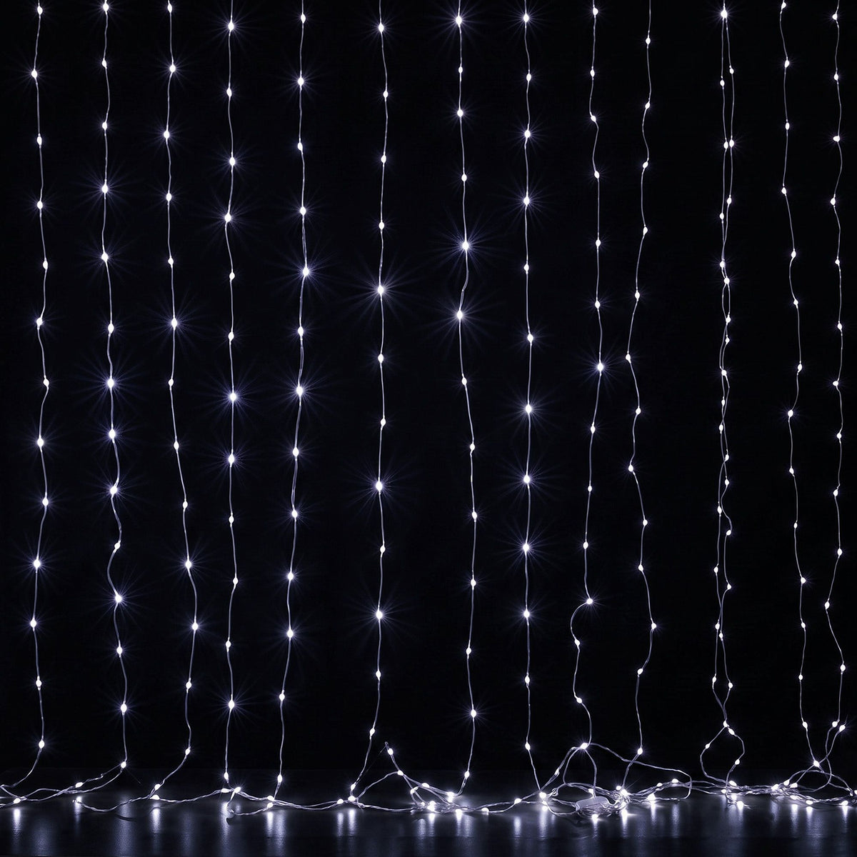 Cool white LED curtain lights with dense vertical hanging strands