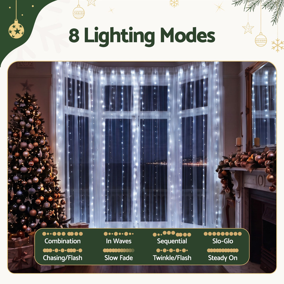 Cool white LED Christmas light curtain with vertical strand lighting display