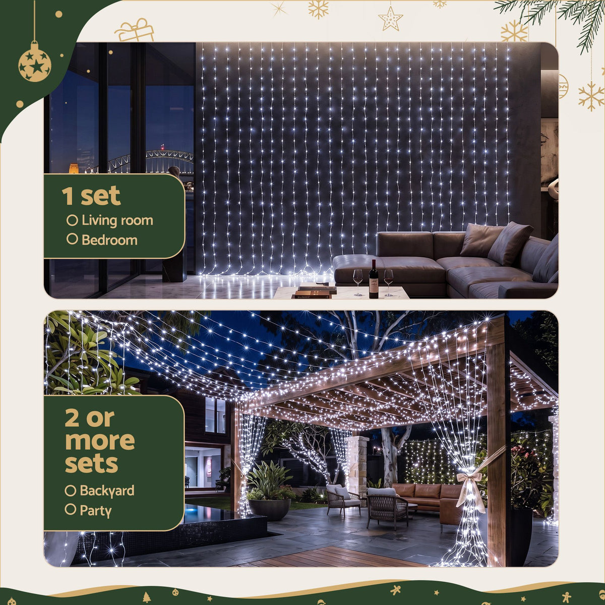 Cool white LED Christmas light curtain with dense vertical hanging strands