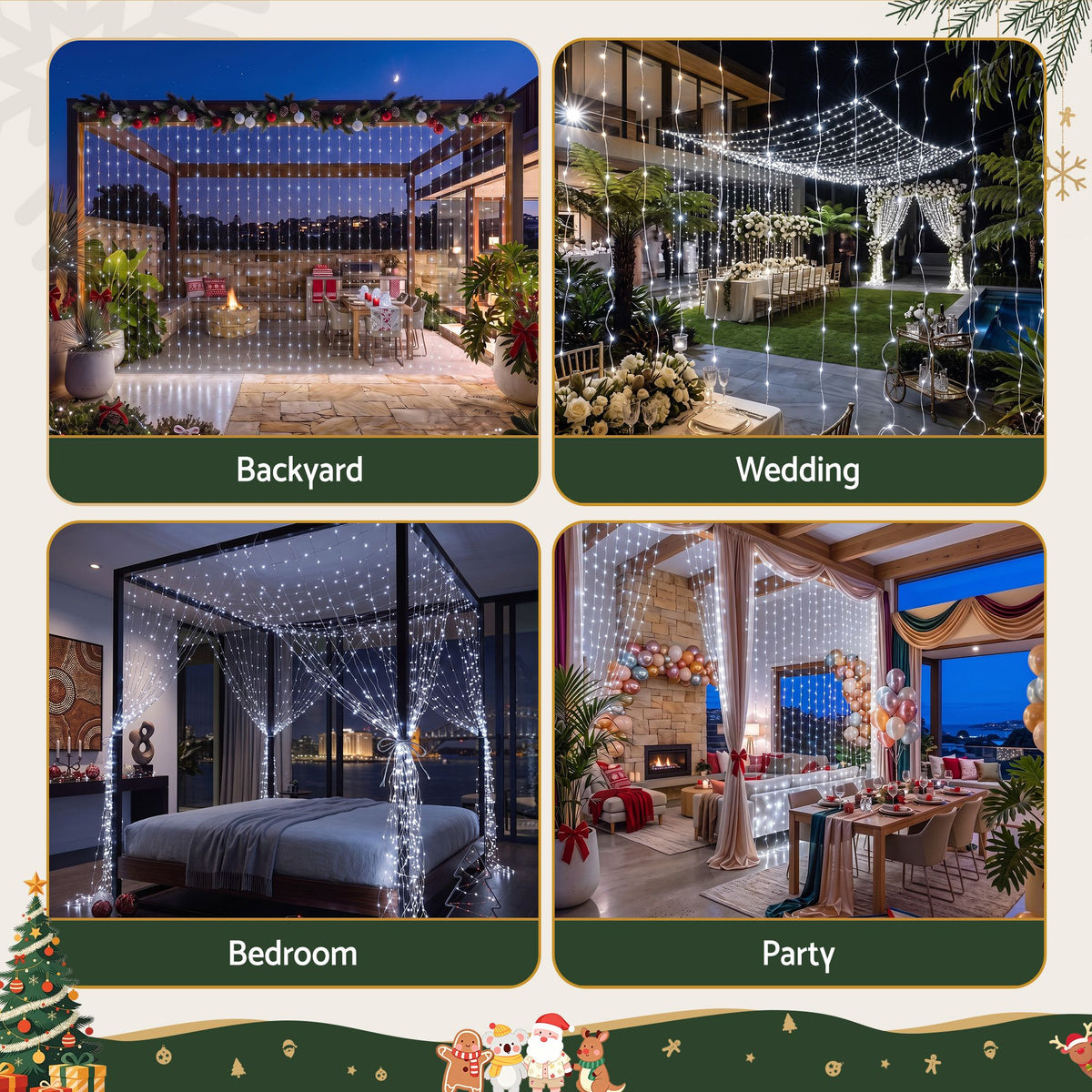Cool white LED light curtain strings for decorating, shown as vertical hanging drops