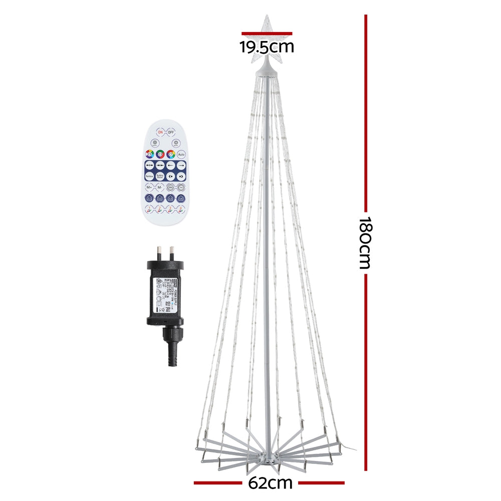 Collapsible wire RGB LED Christmas tree frame with remote control and power adapter.