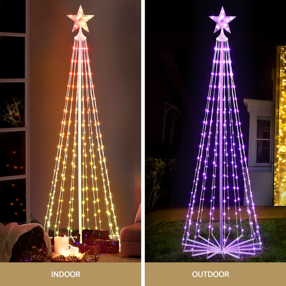 RGB LED Christmas tree with star topper, warm orange and purple-blue glow.