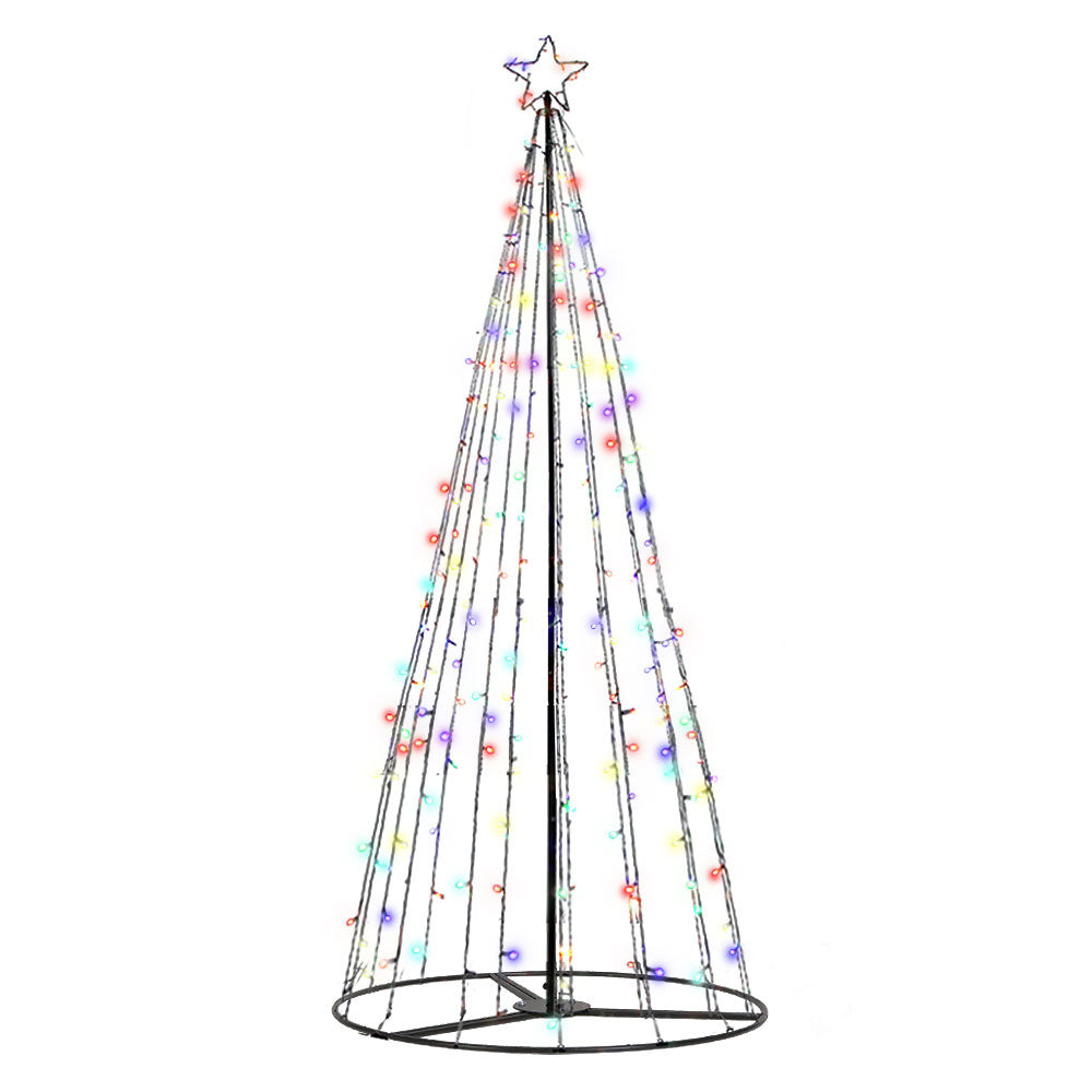 Tall wire-frame Christmas jingle tree with star topper and multicolor hanging LED lights