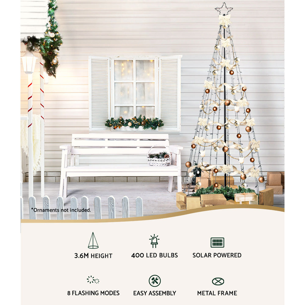 Solar LED Christmas jingle tree with metal frame, star topper, and multicolor lights