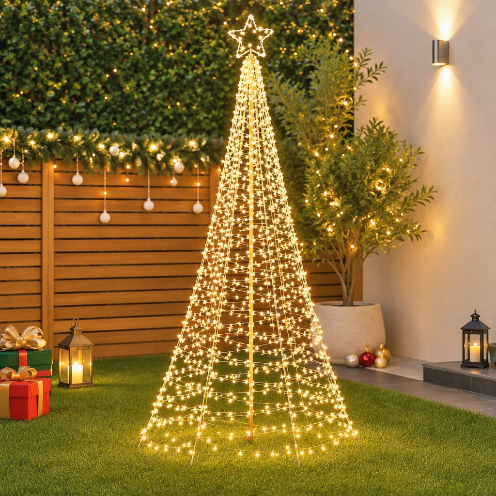 Solar light-up Christmas tree with star topper and warm white LED net lights, 3.6m