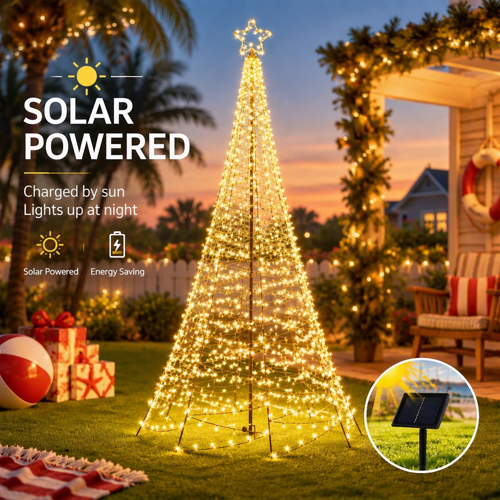 Solar light-up Christmas tree with star topper, warm white LED net lights, includes solar panel