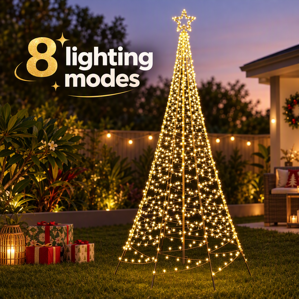 Solar light-up Christmas tree with warm white LED net lights, star topper, multiple lighting modes