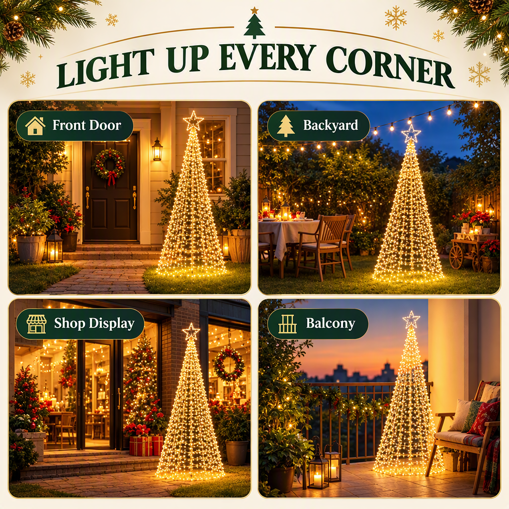 Solar light-up Christmas tree with warm LEDs for front door, backyard, balcony, and shop displays