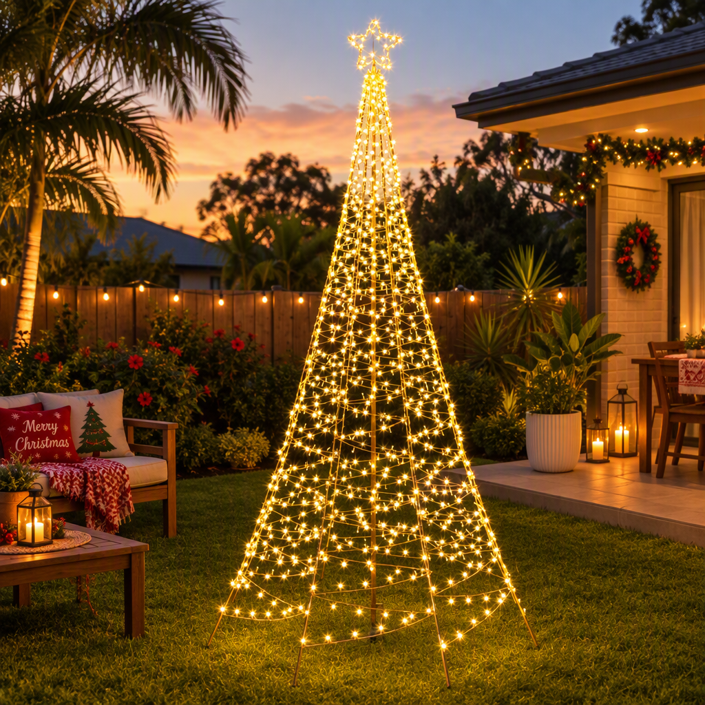 Solar light-up Christmas tree with star topper and warm white LED net lights in outdoor yard