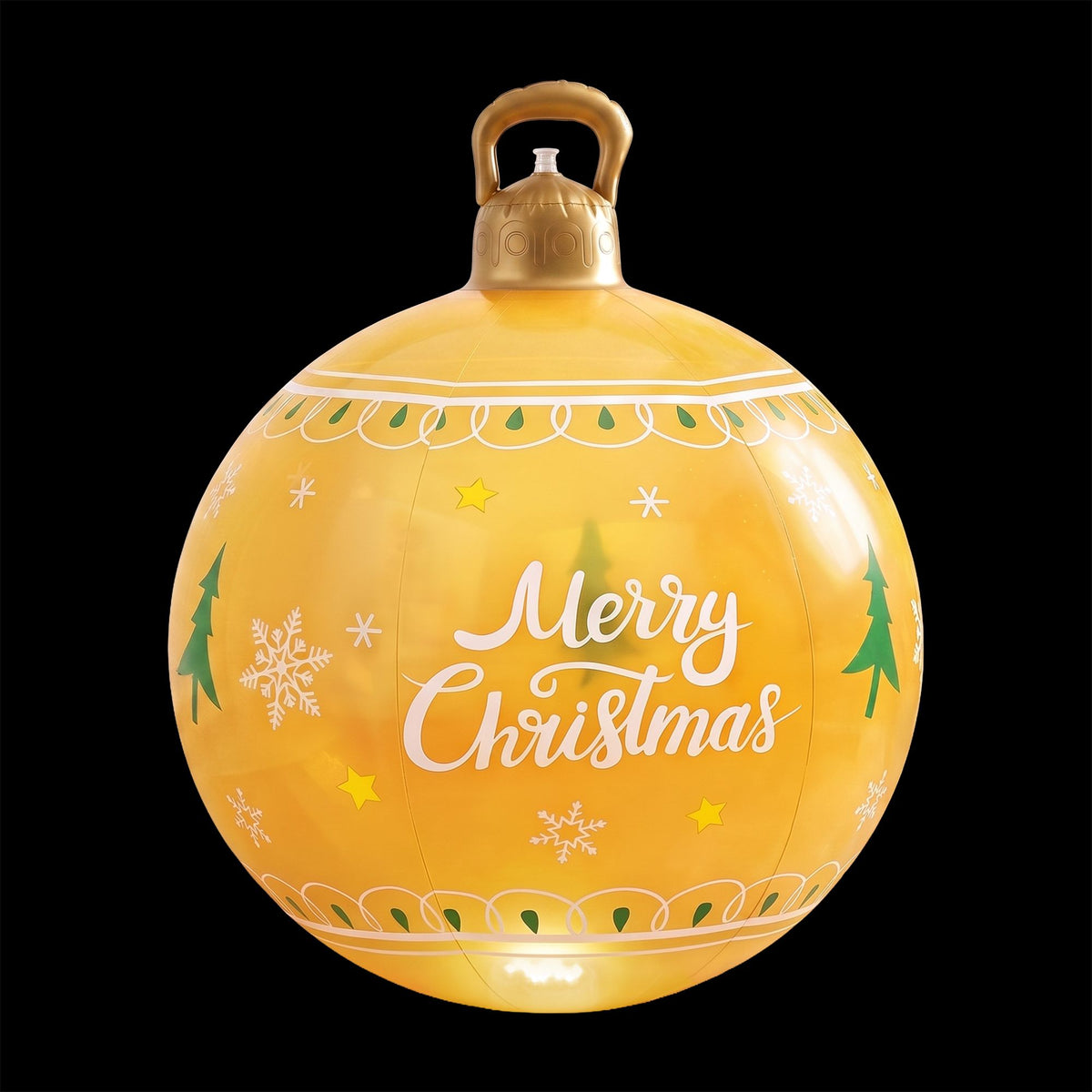 Gold inflatable Christmas ball ornament with handle, “Merry Christmas” print and LED glow