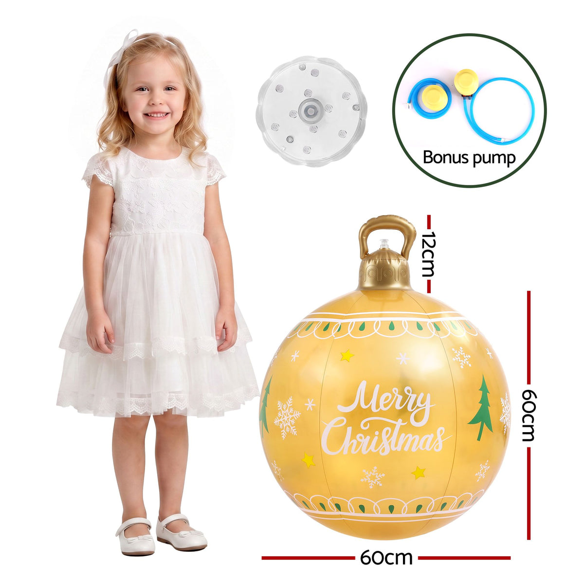 Gold inflatable Christmas ball with handle; pump and size markings shown beside it