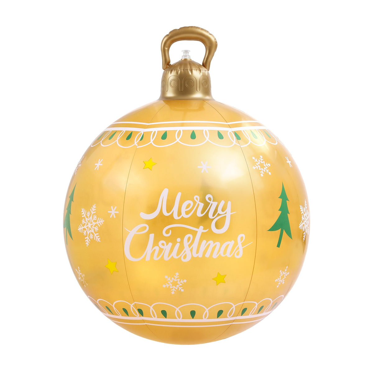 Gold inflatable Christmas ball ornament with top handle, “Merry Christmas” text and tree graphics
