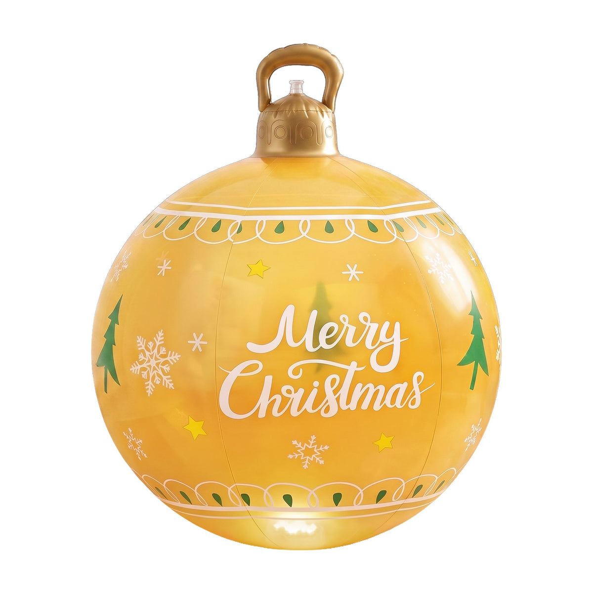 Gold inflatable Christmas ball ornament with handle, “Merry Christmas” print, snowflake and star accents