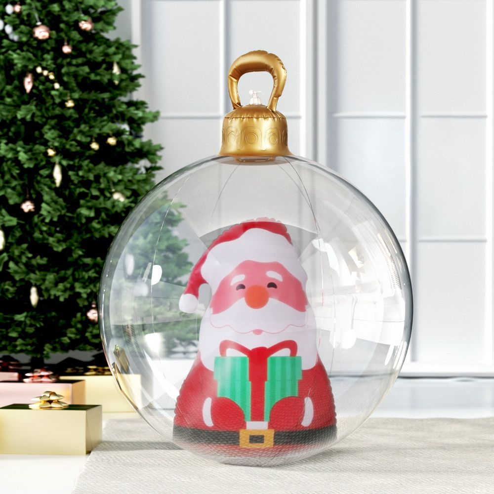 Giant clear inflatable Christmas bauble with Santa face graphic and gold loop top