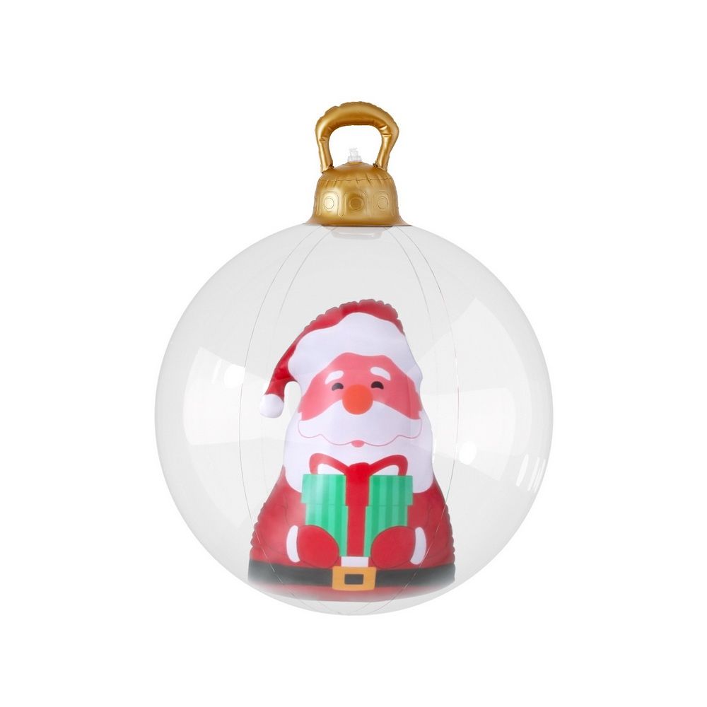 Giant clear inflatable Christmas bauble with Santa graphic and gold carry handle top