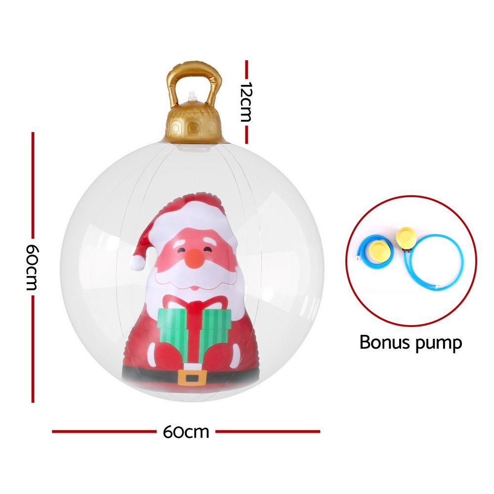 Clear inflatable Christmas bauble with Santa print, gold loop top and stitched seam