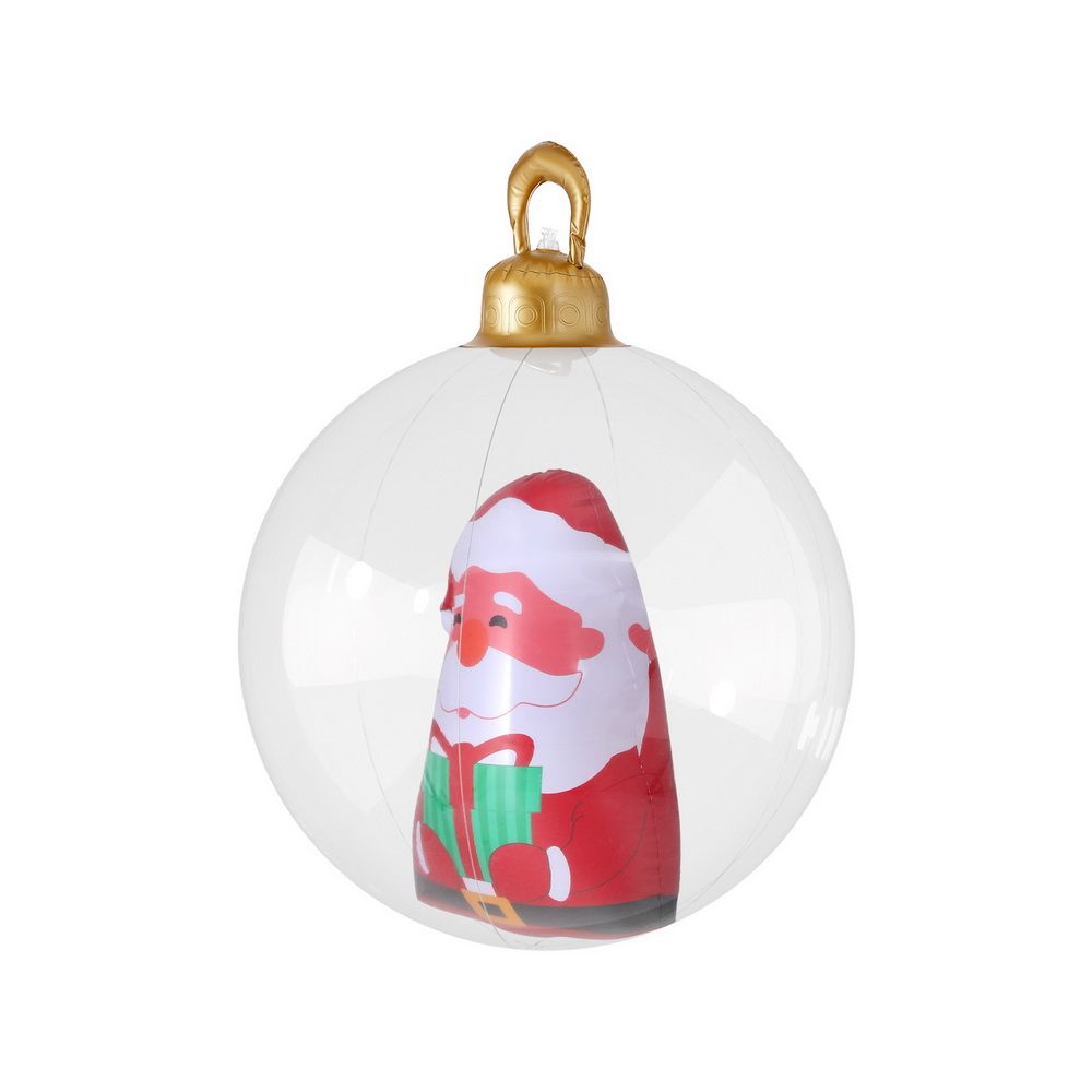 Clear inflatable Christmas bauble with full Santa in red suit and gold loop top