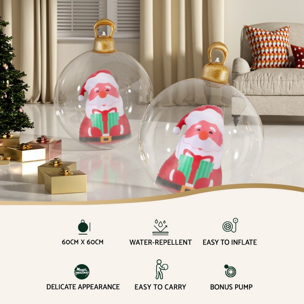 Two clear inflatable Christmas baubles with Santa graphic and gold loop tops