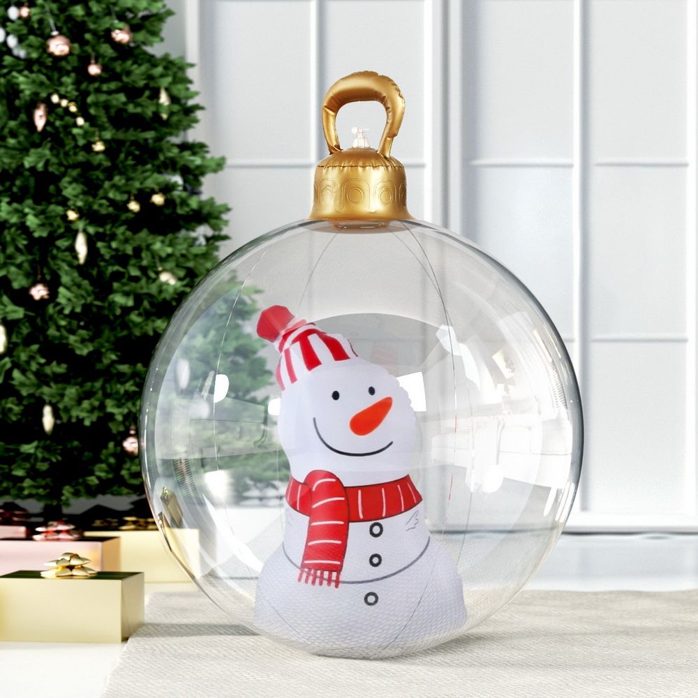 Inflatable Christmas snowman bauble with gold top loop and red scarf, white body