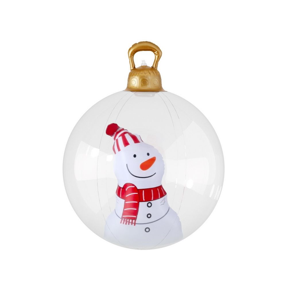 Inflatable snowman Christmas bauble, white sphere with gold cap loop and red scarf