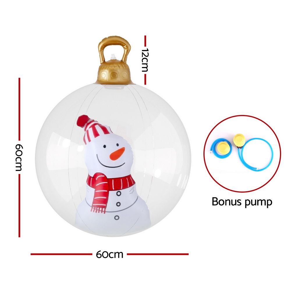 60 cm inflatable snowman Christmas bauble, gold cap loop, red scarf, white body