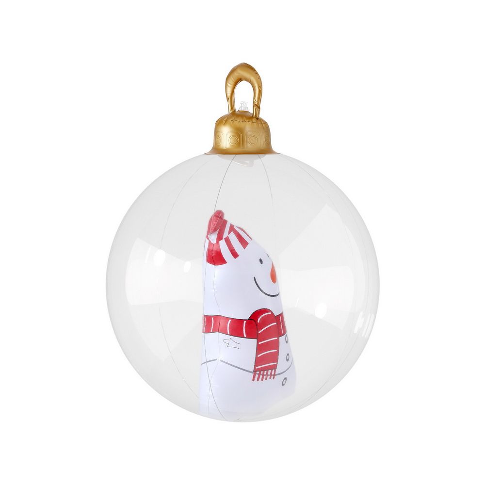 Inflatable snowman Christmas bauble from side view, gold cap loop and red scarf