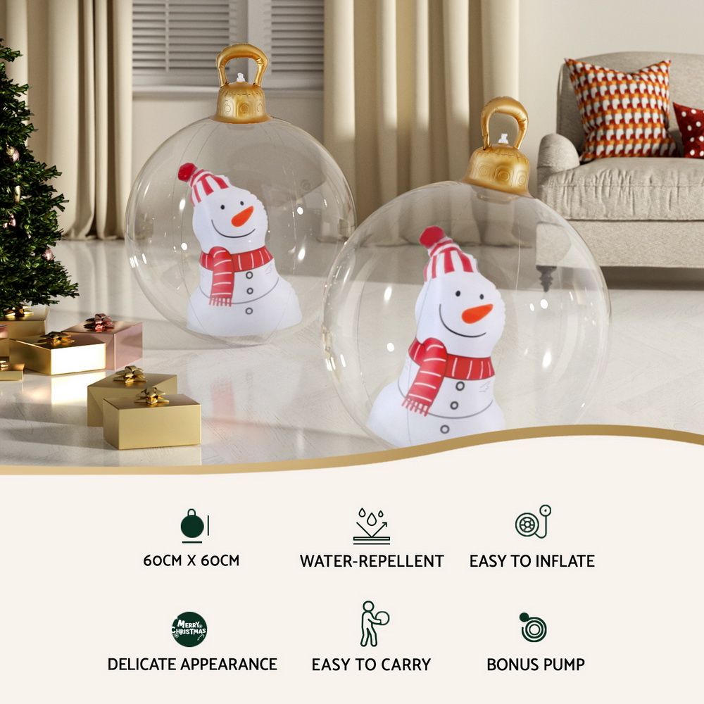 Set of two inflatable snowman baubles, gold caps with red scarves and white bodies