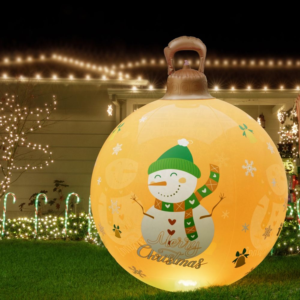Gold inflatable Christmas ball with snowman graphic and LED glow