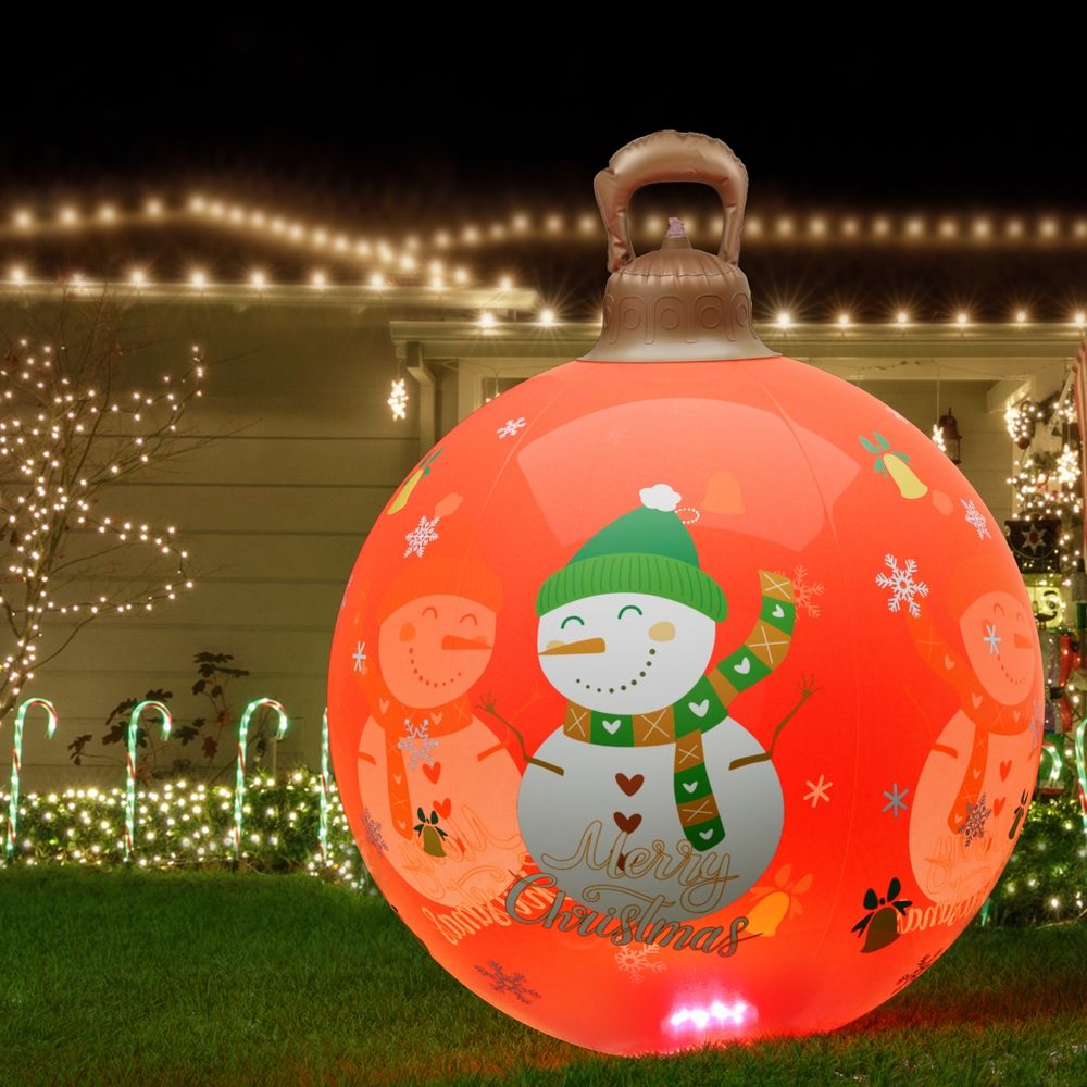 Red inflatable Christmas ball with LED glow, snowman graphic, and top carry handle