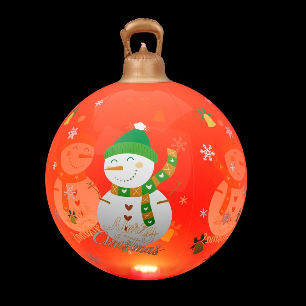 Red illuminated inflatable Christmas ball with snowman design and top carry handle